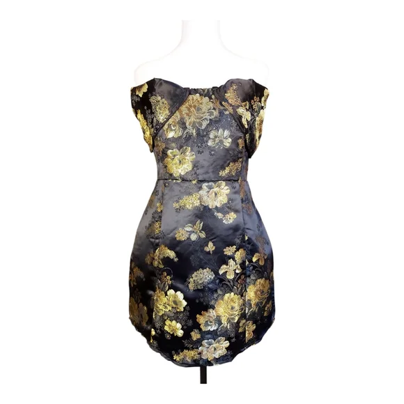 NWT Pretty Little Thing Black & Gold Floral Jacquard Strapless Mini Dress 10 - Picture 3 of 12